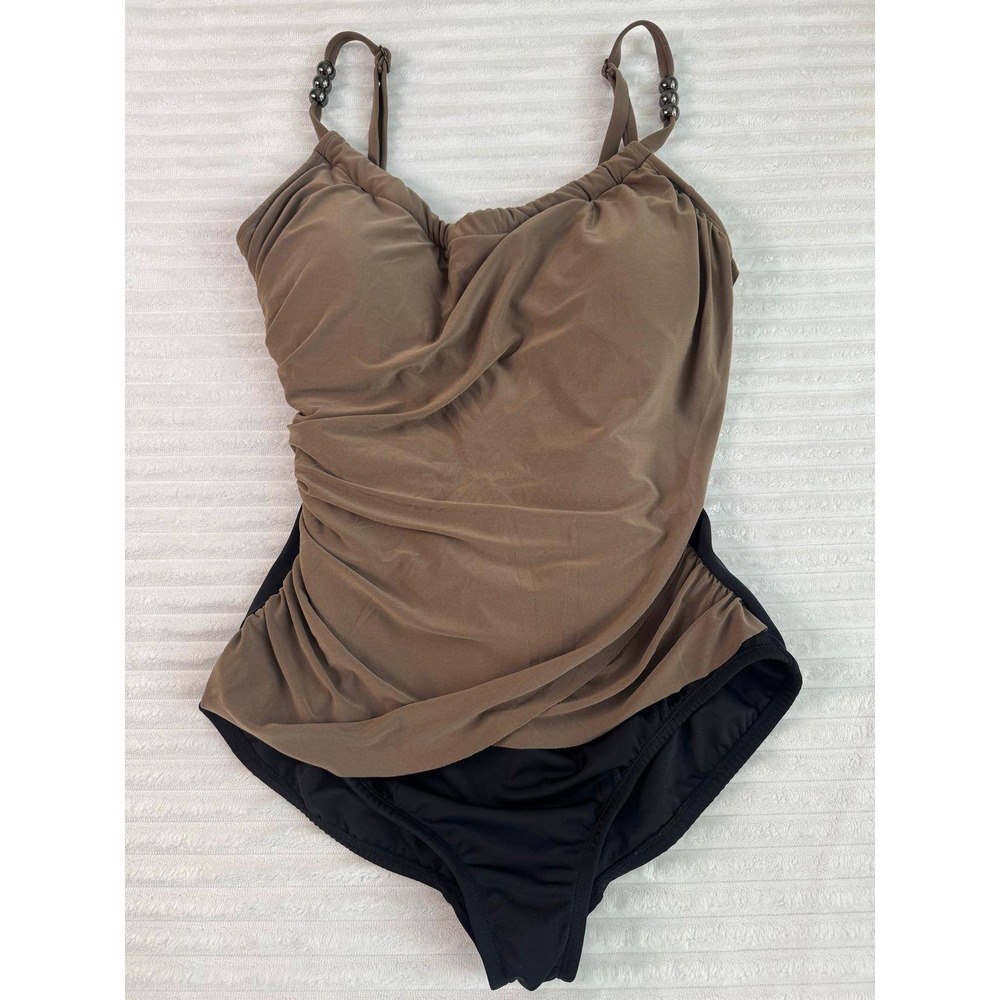 Venus Draped One Piece Swimsuit Taupe Black Beaded Straps Size 14